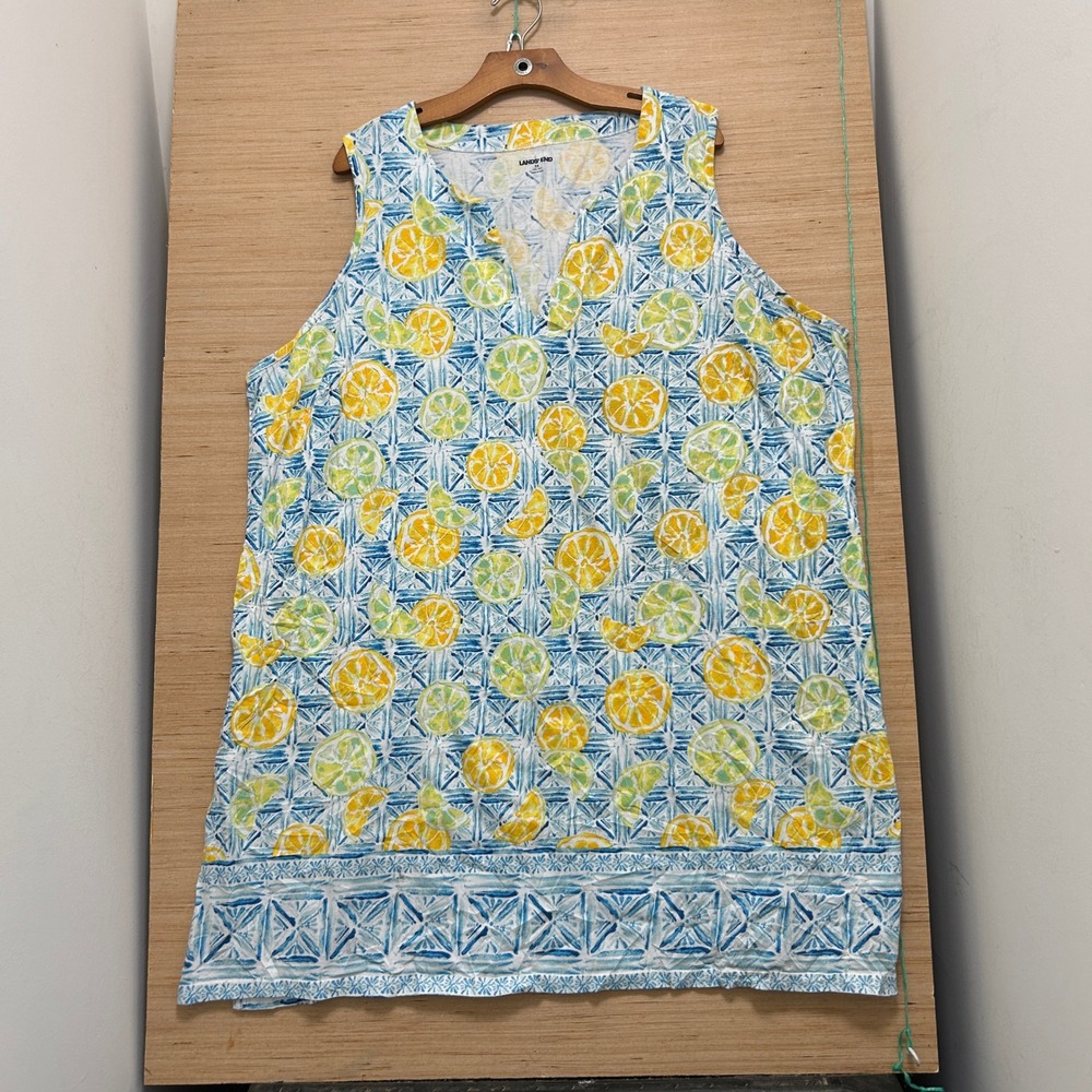 Lands End Womens 3X Tunic Top Sleeveless Lemon Lime Fruit Print Blue Pockets